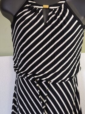 Calvin Klein Black & White Striped Halter Maxi Dress